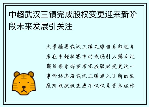 中超武汉三镇完成股权变更迎来新阶段未来发展引关注